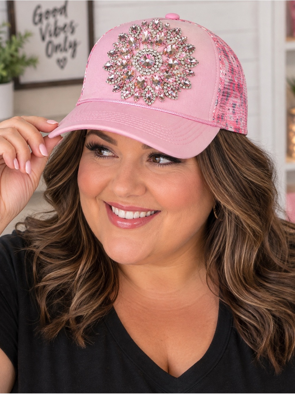 New Handmade Pretty in Pink Bling Rhinestone Floral Trucker Hat